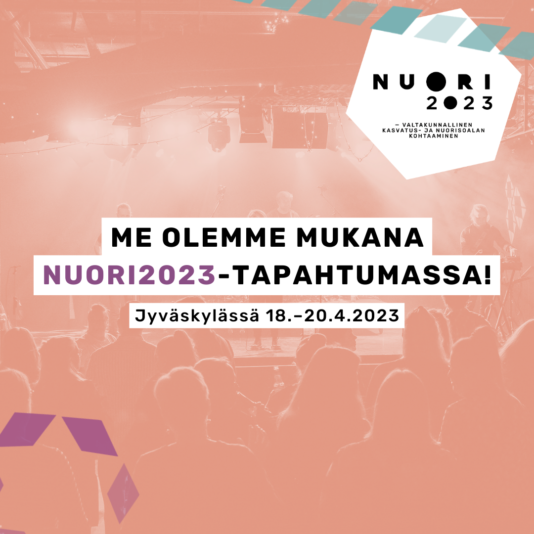 Me olemme mukana Nuori2023-tapahtumassa Jyväskylässä -teksti, taustalla lohenpunainen kuva väkijoukosta sekä tapahtuman logot.